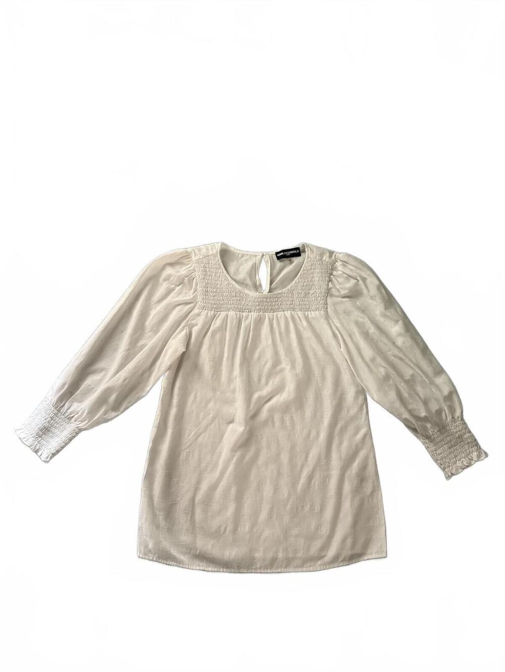 Karl Lagerfeld White Smocked Yoke Long Sleeve Blouse Size XS